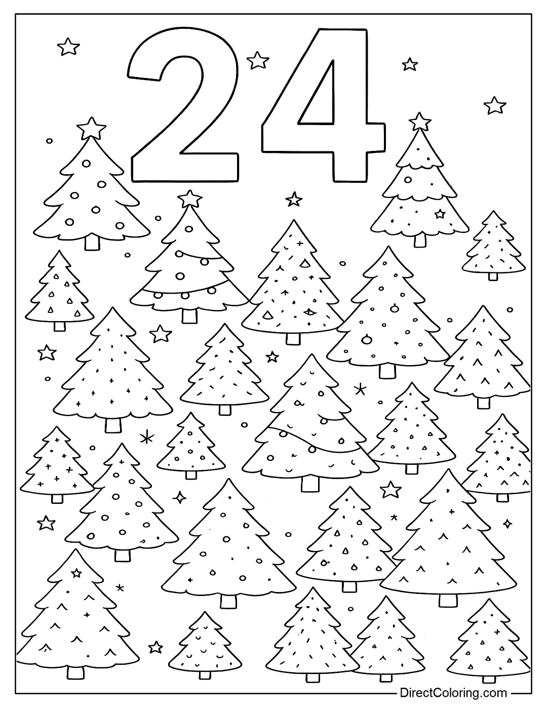 Number 24 Coloring Page with many Christmas trees